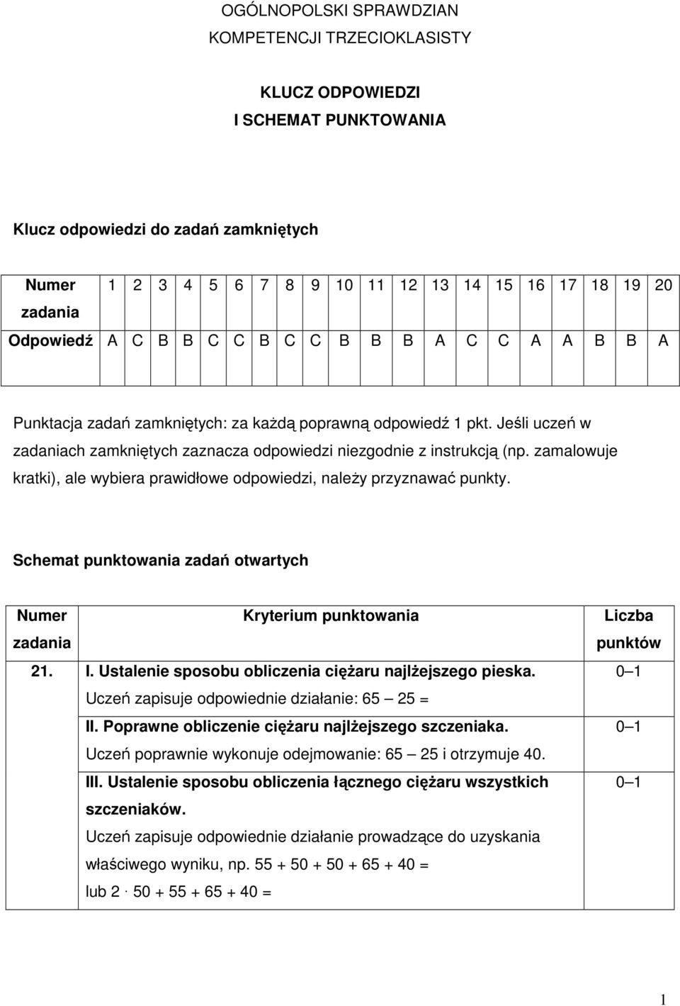 zamalowuje kratki), ale wybiera prawidłowe odpowiedzi, naleŝy przyznawać punkty. Schemat punktowania zadań otwartych Numer zadania 21. Kryterium punktowania I.