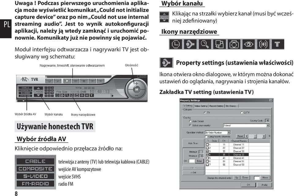 Moduł interfejsu odtwarzacza i nagrywarki TV jest obsługiwany wg schematu: Wybór kanału Klikając na strzałki wybierz kanał (musi być wcześniej zdefiniowany) Ikony narzędziowe Property settings