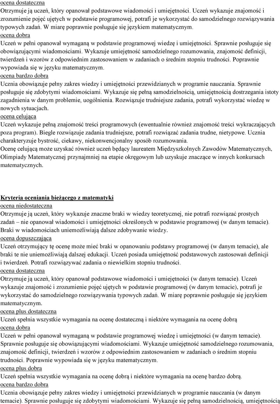 W miarę poprawnie posługuje się językiem matematycznym. ocena dobra Uczeń w pełni opanował wymaganą w podstawie programowej wiedzę i umiejętności. Sprawnie posługuje się obowiązującymi wiadomościami.