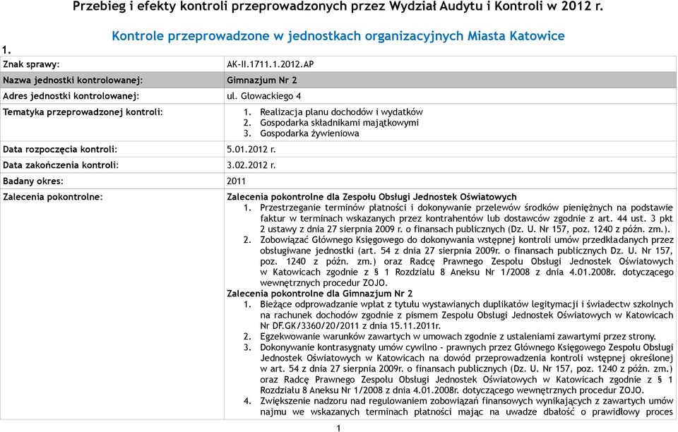 Data zakończenia kontroli: 3.02.2012 r. Badany okres: 2011 Zalecenia pokontrolne: Zalecenia pokontrolne dla Zespołu Obsługi Jednostek Oświatowych 1.