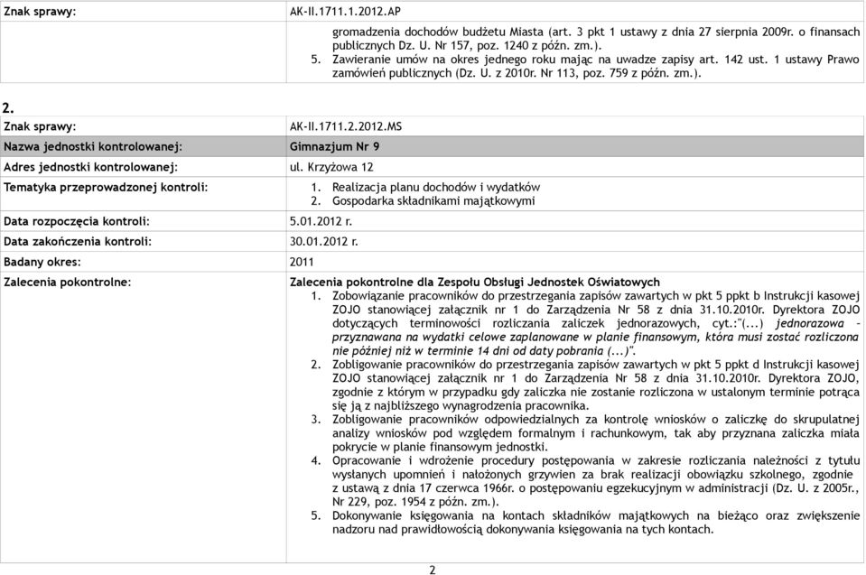 MS Nazwa jednostki kontrolowanej: Gimnazjum Nr 9 Adres jednostki kontrolowanej: ul. Krzyżowa 12 Tematyka przeprowadzonej kontroli: 1. Realizacja planu dochodów i wydatków 2.
