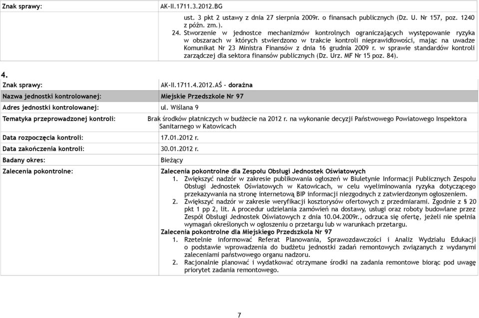 Finansów z dnia 16 grudnia 2009 r. w sprawie standardów kontroli zarządczej dla sektora finansów publicznych (Dz. Urz. MF Nr 15 poz. 84). 4. AK-II.1711.4.2012.