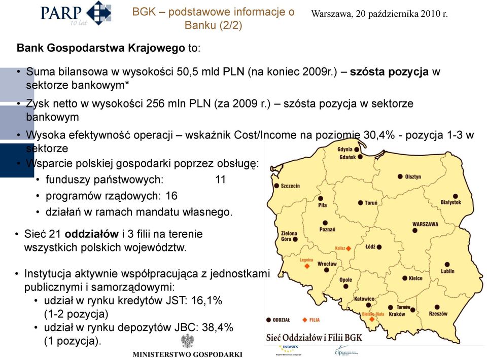 ) szósta pozycja w sektorze bankowym Wysoka efektywność operacji wskaźnik Cost/Income na poziomie 30,4% - pozycja 1-3 w sektorze Wsparcie polskiej gospodarki poprzez obsługę: funduszy państwowych: