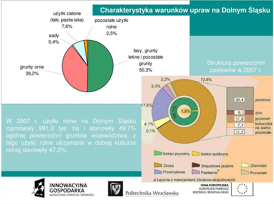 powierzchni zasiewów w 2007 r. W 2007 r. uŝytki rolne na Dolnym Śląsku zajmowały 991,3 tys.