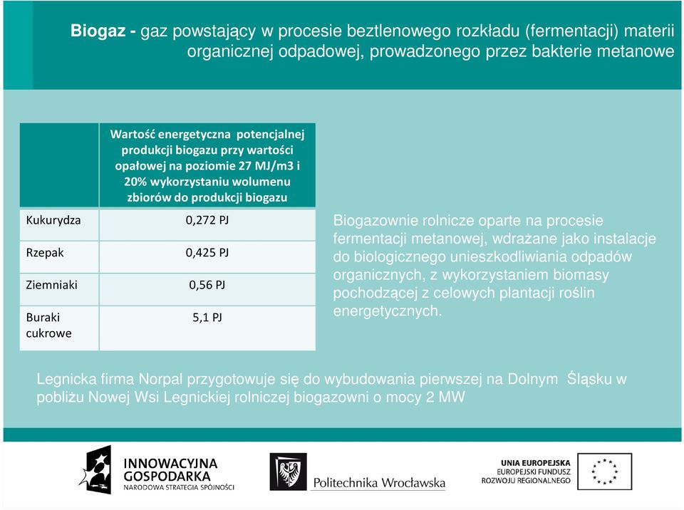 PJ Biogazownie rolnicze oparte na procesie fermentacji metanowej, wdraŝane jako instalacje do biologicznego unieszkodliwiania odpadów organicznych, z wykorzystaniem biomasy pochodzącej
