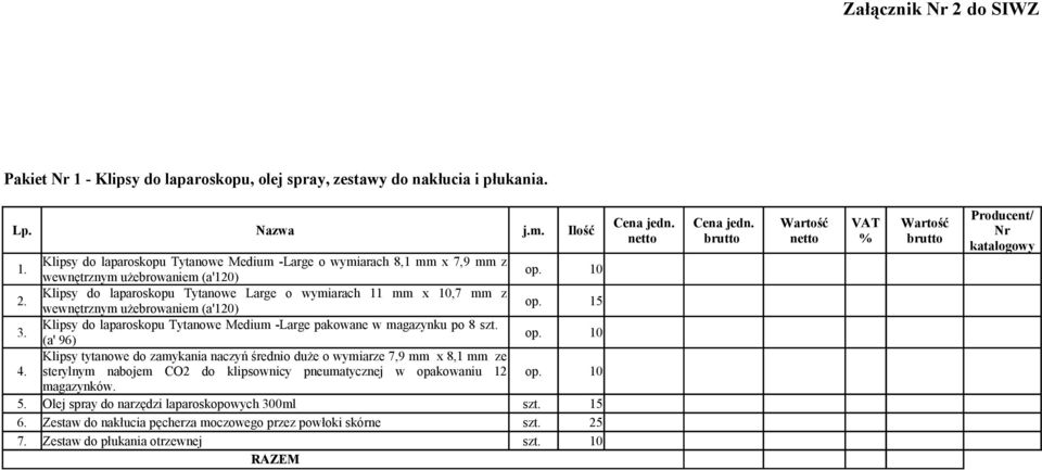 Klipsy do laparoskopu Tytanowe Large o wymiarach 11 mm x 10,7 mm z wewnętrznym użebrowaniem (a'120) op. 15 3. Klipsy do laparoskopu Tytanowe Medium -Large pakowane w magazynku po 8 szt.