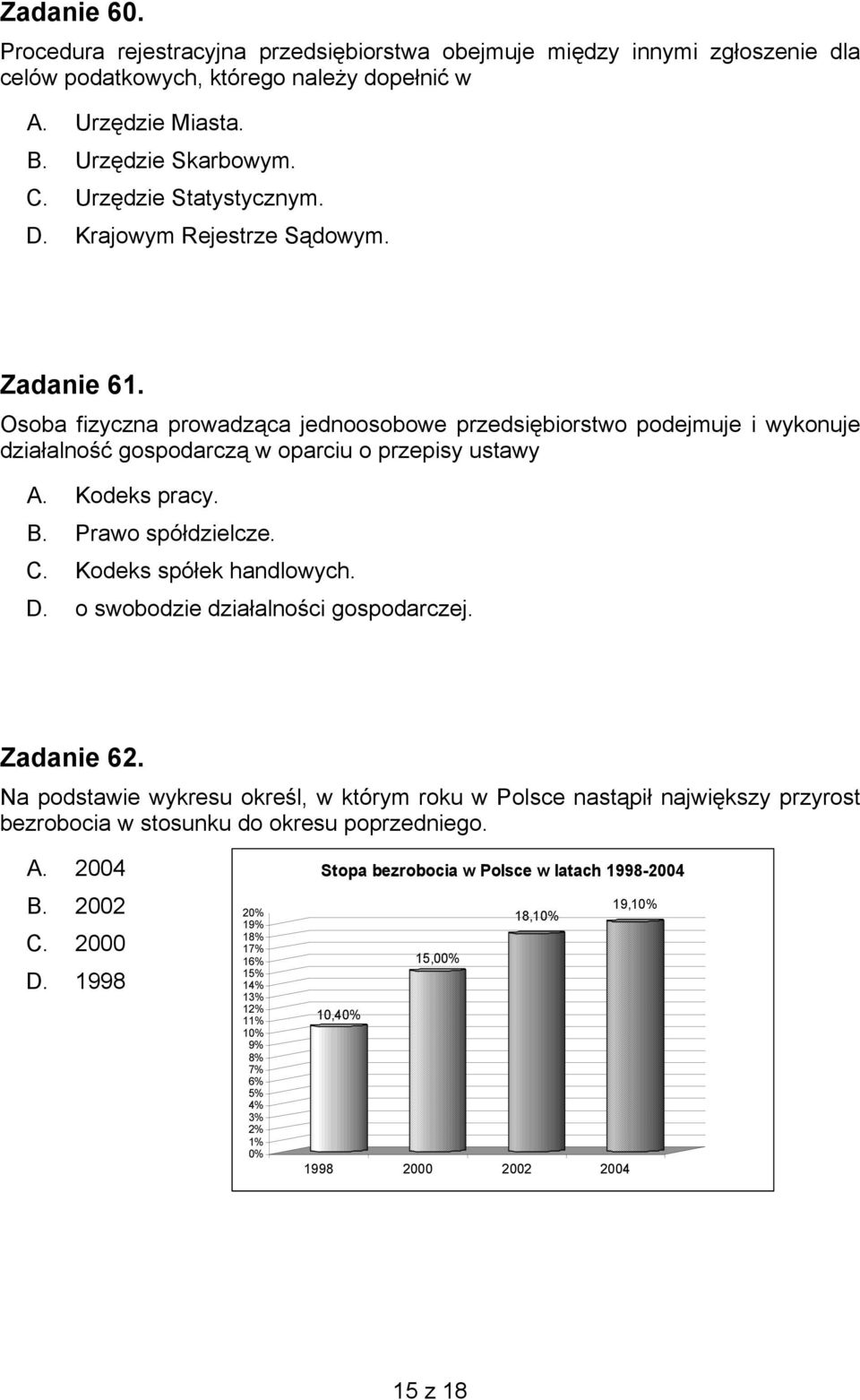 Kodeks pracy. B. Prawo spółdzielcze. C. Kodeks spółek handlowych. D. o swobodzie działalności gospodarczej. Zadanie 62.