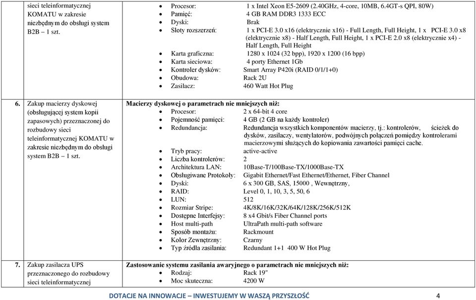 Zakup zasilacza UPS sieci teleinformatycznej Procesor: 1 x Intel Xeon E5-2609 (2.40GHz, 4-core, 10MB, 6.4GT-s QPI, 80W) Pamięć: 4 GB RAM DDR3 1333 ECC Dyski: Brak Sloty rozszerzeń: 1 x PCI-E 3.