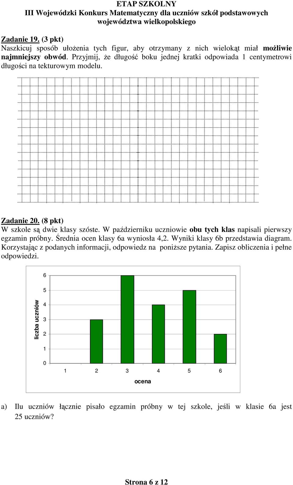 W październiku uczniowie obu tych klas napisali pierwszy egzamin próbny. Średnia ocen klasy 6a wyniosła 4,2. Wyniki klasy 6b przedstawia diagram.