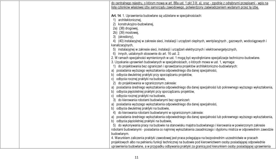 . 1. Uprawnienia budowlane są udzielane w specjalnościach: 1) architektonicznej, 2) konstrukcyjno-budowlanej, 2a) (38) drogowej, 2b) (39) mostowej, 3) (skreślony), 4) (40) instalacyjnej w zakresie