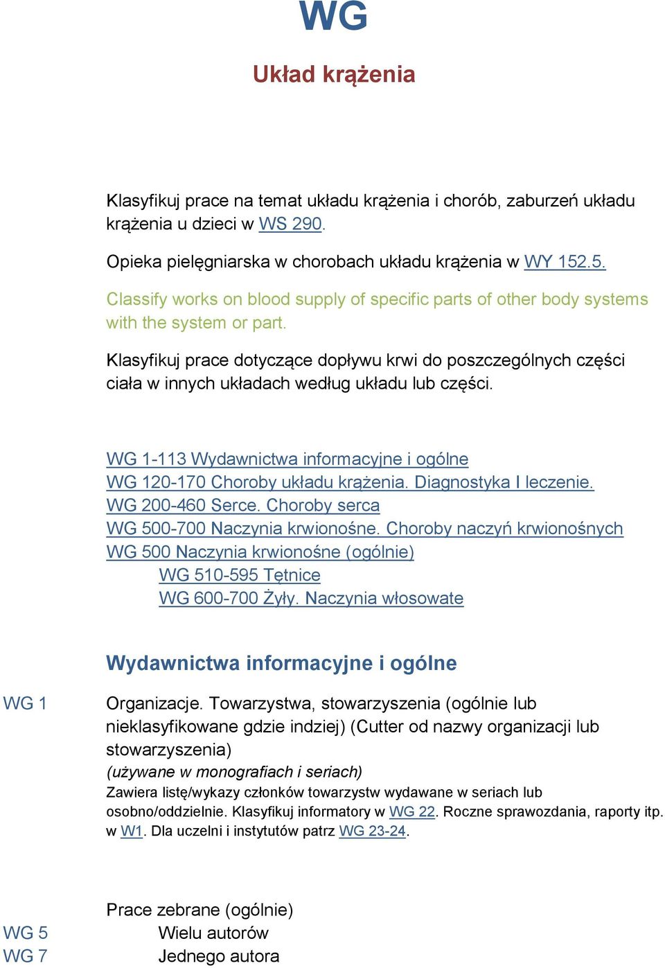 Klasyfikuj prace dotyczące dopływu krwi do poszczególnych części ciała w innych układach według układu lub części. WG 1-113 Wydawnictwa informacyjne i ogólne WG 120-170 Choroby układu krążenia.
