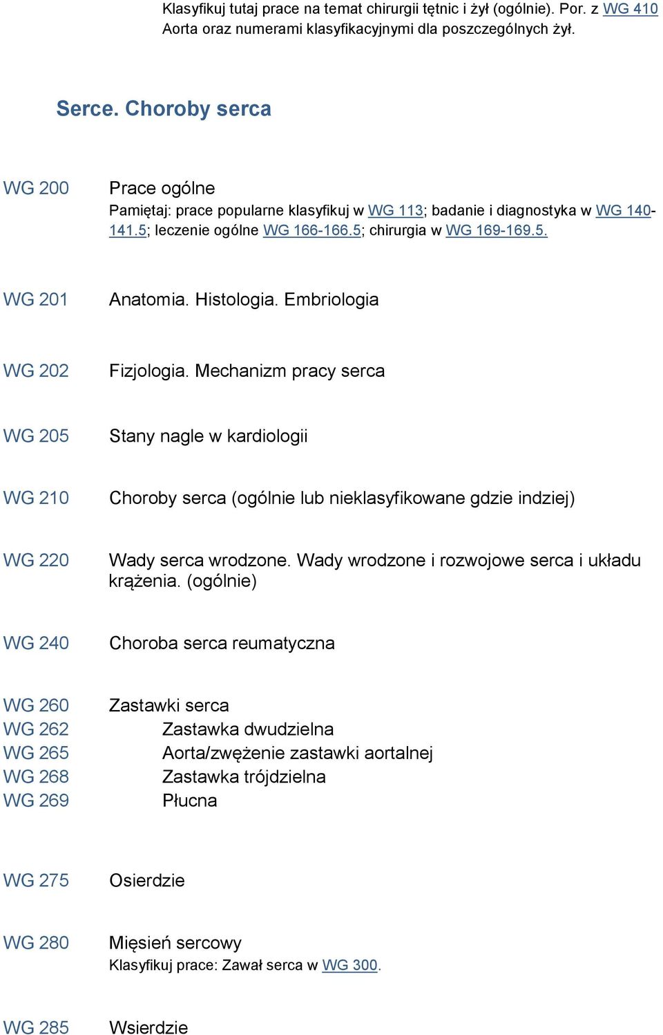 Histologia. Embriologia WG 202 Fizjologia. Mechanizm pracy serca WG 205 Stany nagle w kardiologii WG 210 Choroby serca (ogólnie lub nieklasyfikowane gdzie indziej) WG 220 Wady serca wrodzone.