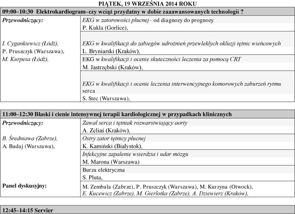 Kurpesa (Łódź), EKG w kwalifikacji i ocenie skuteczności leczenia za pomocą CRT M. Jastrzębski (Kraków), EKG w kwalifikacji i ocenie leczenia interwencyjnego komorowych zaburzeń rytmu serca S.