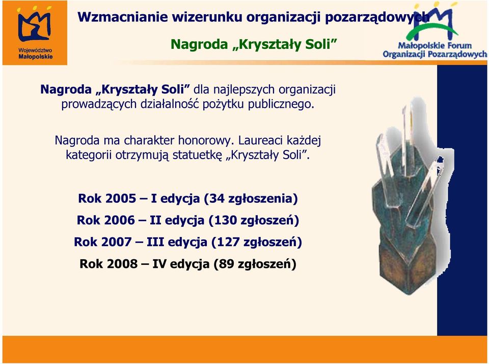 Nagroda ma charakter honorowy. Laureaci kaŝdej kategorii otrzymują statuetkę Kryształy Soli.