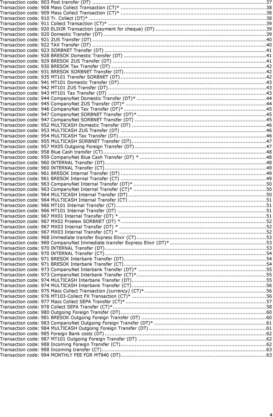 ..39 Transaction code: 921 ZUS Transfer (DT)...40 Transaction code: 922 TAX Transfer (DT)...40 Transaction code: 923 SORBNET Transfer (DT)...41 Transaction code: 928 BRESOK Domestic Transfer (DT).