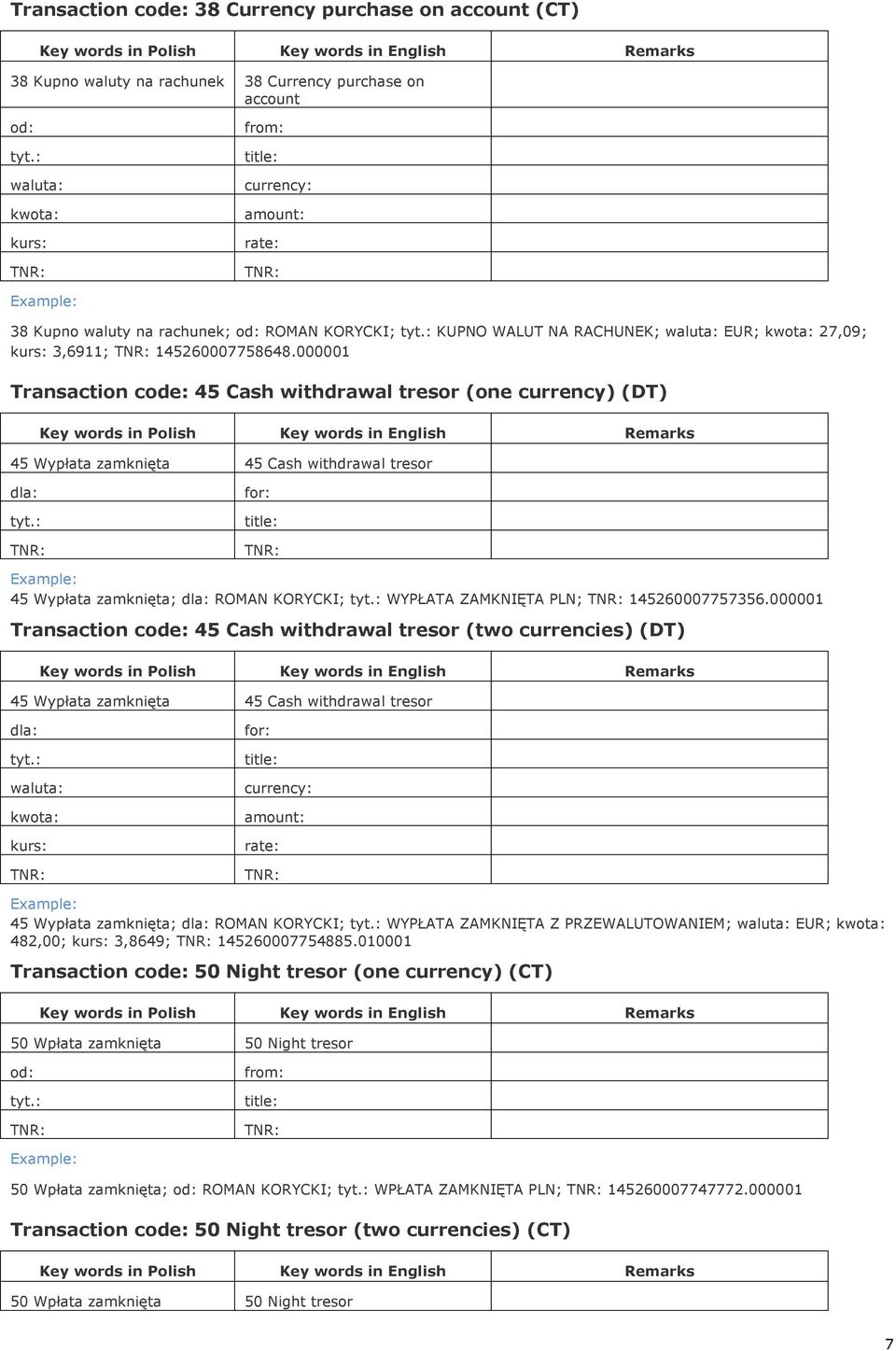 000001 Transaction code: 45 Cash withdrawal tresor (one currency) (DT) Key words in Polish Key words in English 45 Wypłata zamknięta 45 Cash withdrawal tresor Remarks 45 Wypłata zamknięta; ROMAN