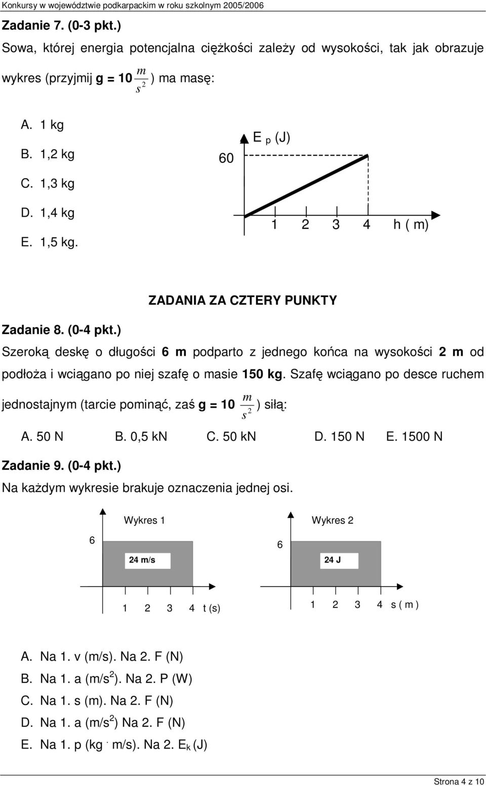 ) ZADANIA ZA CZTERY PUNKTY Szeroką dekę o długości 6 podparto z jednego końca na wyokości 2 od podłoża i wciągano po niej zafę o aie 150 kg.