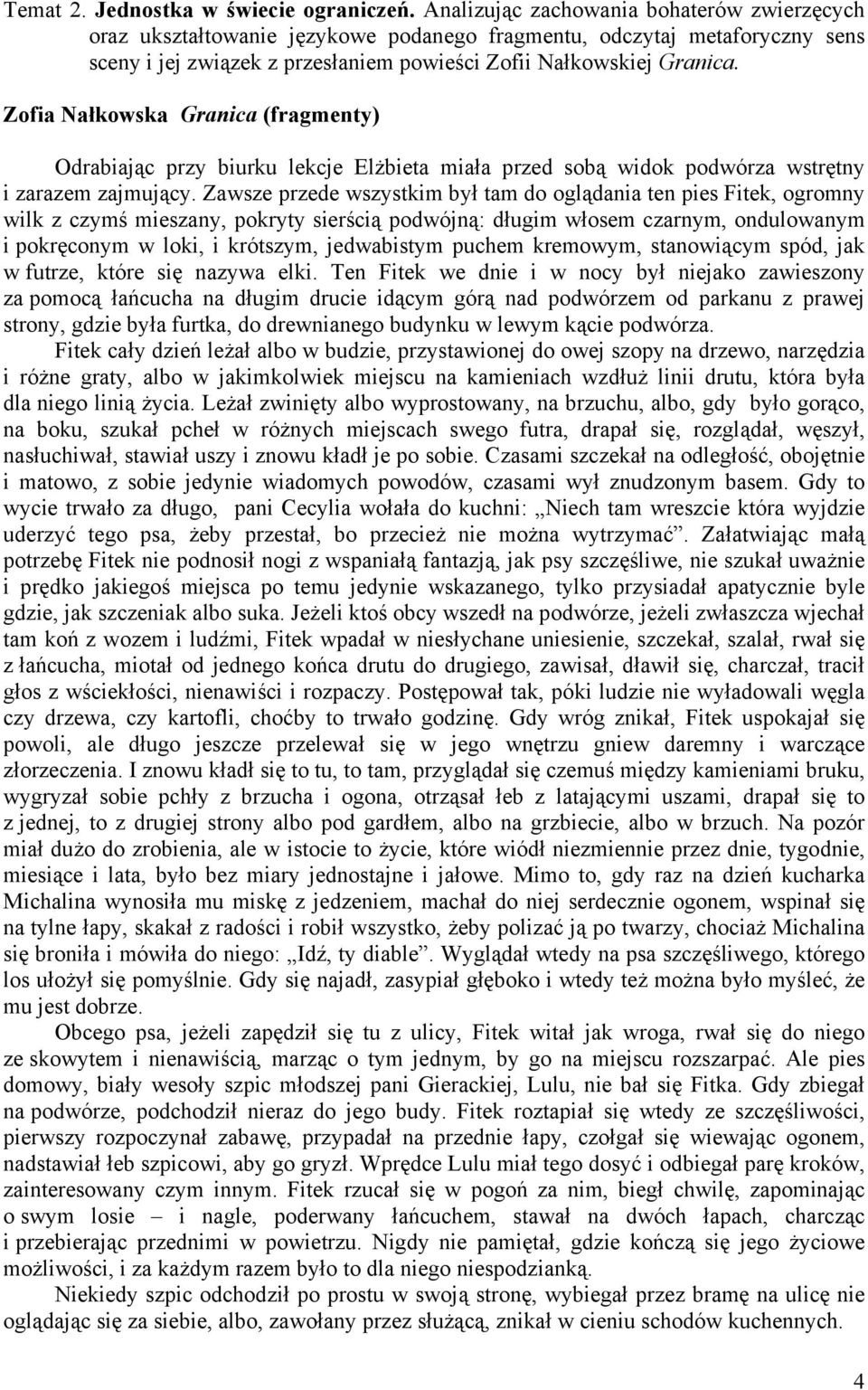 Zofia Nałkowska Granica (fragmenty) Odrabiając przy biurku lekcje Elżbieta miała przed sobą widok podwórza wstrętny i zarazem zajmujący.