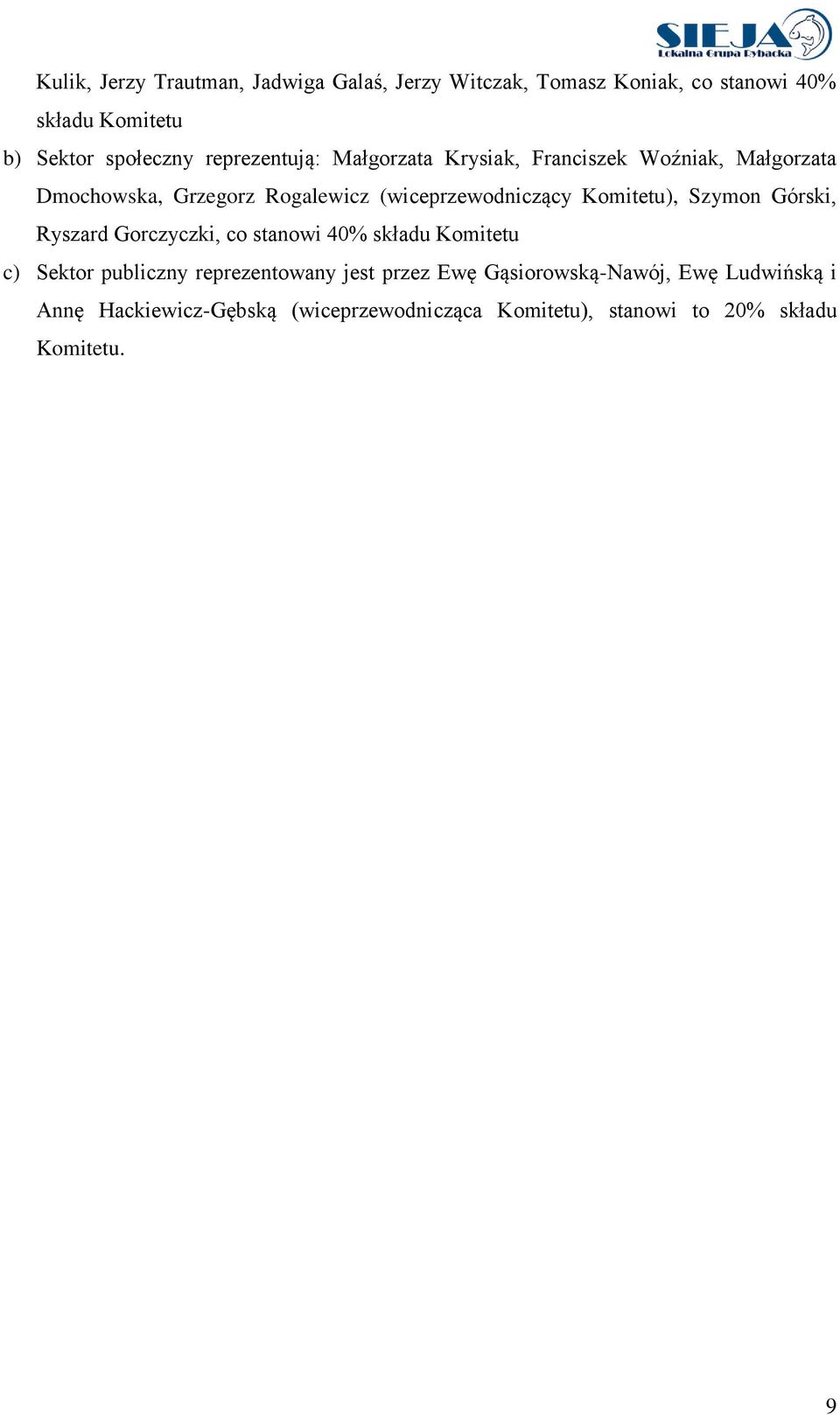 Komitetu), Szymon Górski, Ryszard Gorczyczki, co stanowi 40% składu Komitetu c) Sektor publiczny reprezentowany jest