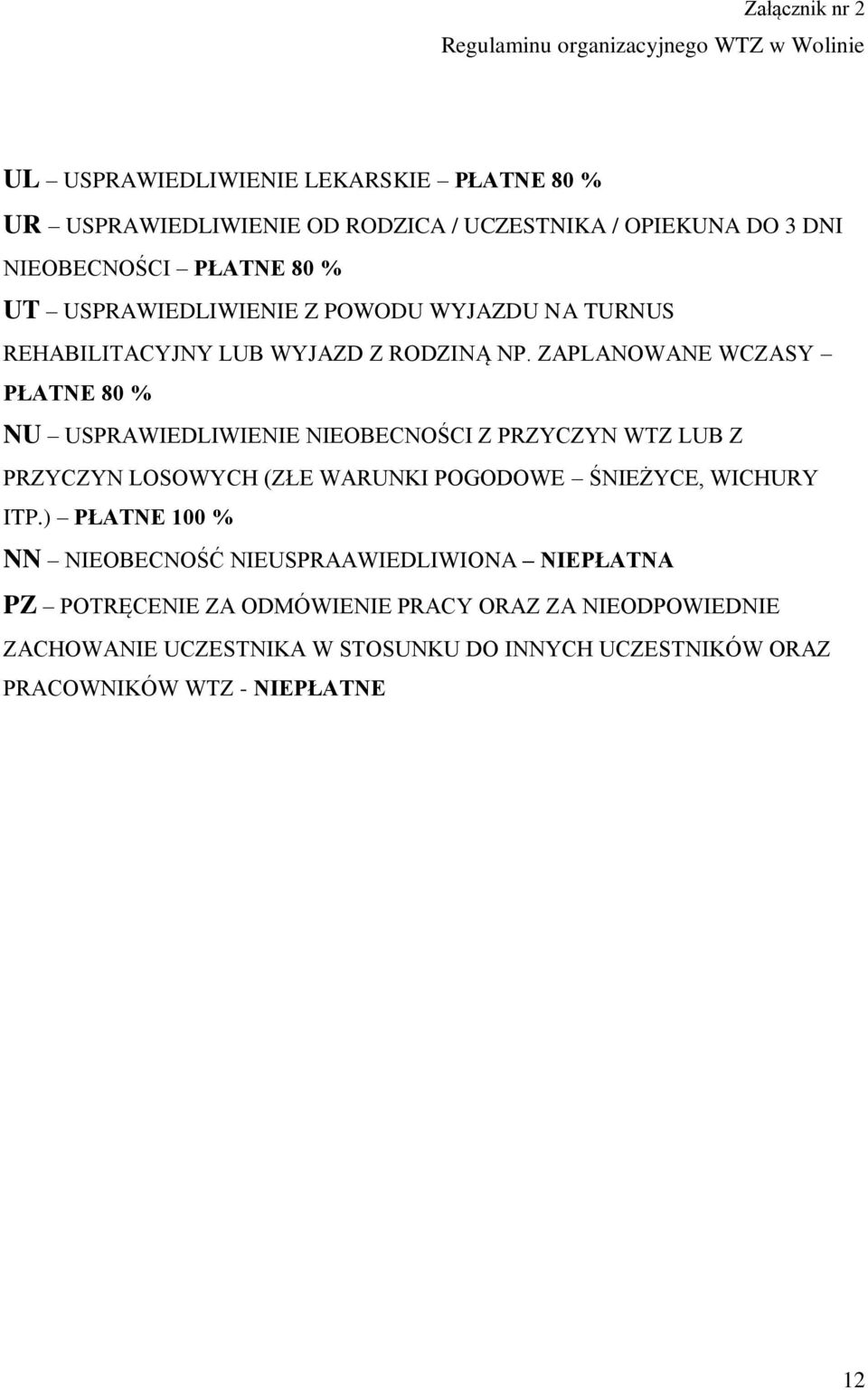 ZAPLANOWANE WCZASY PŁATNE 80 % NU USPRAWIEDLIWIENIE NIEOBECNOŚCI Z PRZYCZYN WTZ LUB Z PRZYCZYN LOSOWYCH (ZŁE WARUNKI POGODOWE ŚNIEŻYCE, WICHURY ITP.