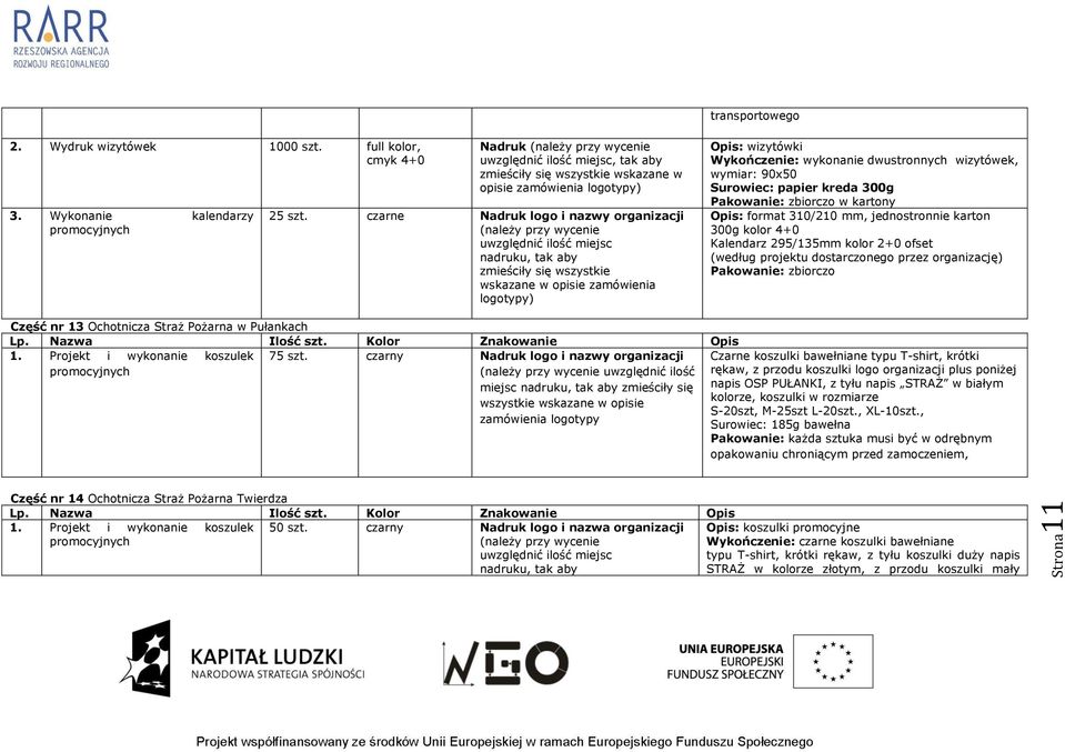 jednostronnie karton 300g kolor 4+0 Kalendarz 295/135mm kolor 2+0 ofset (według projektu dostarczonego przez organizację) Pakowanie: zbiorczo Część nr 13 Ochotnicza Straż Pożarna w Pułankach 1.