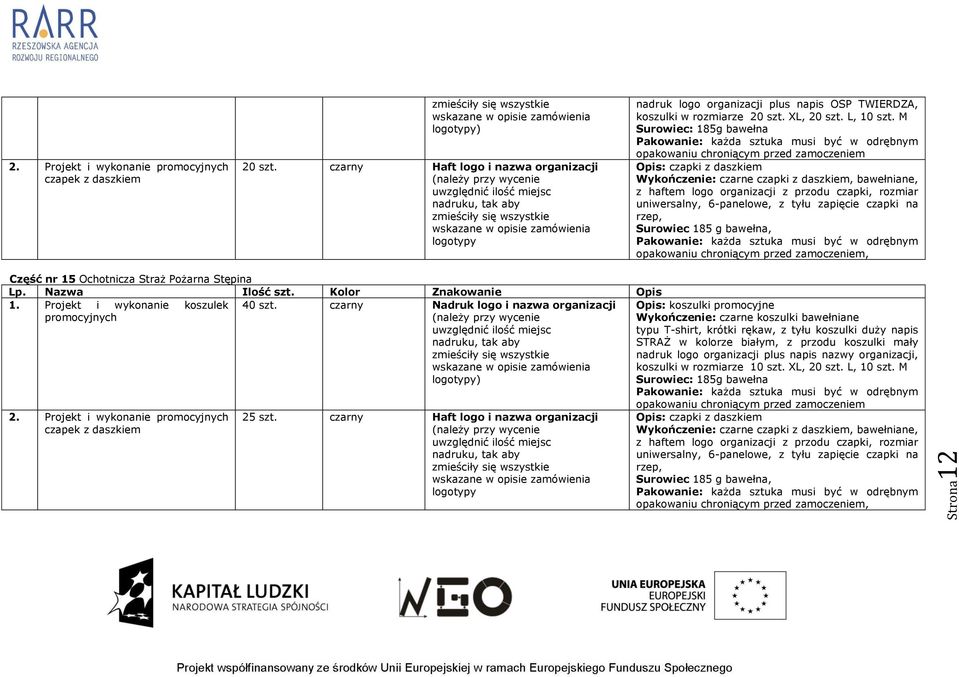M Surowiec: 185g bawełna opakowaniu chroniącym przed zamoczeniem Opis: czapki z daszkiem Wykończenie: czarne czapki z daszkiem, bawełniane, z haftem logo organizacji z przodu czapki, rozmiar