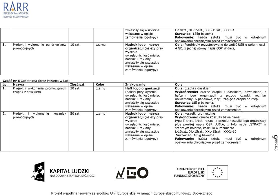 Pożarna w Lubli 1. Projekt i wykonanie czapek z daszkiem 2. Projekt i wykonanie koszulek 30 szt. czarny Haft logo organizacji zamówienia logotypy 50 szt.