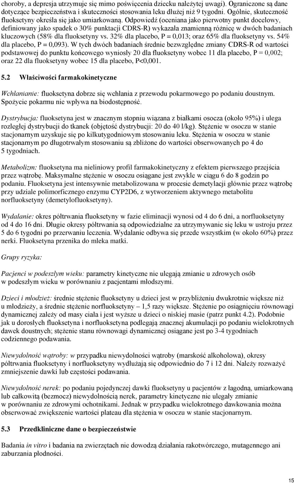Odpowiedź (oceniana jako pierwotny punkt docelowy, definiowany jako spadek o 30% punktacji CDRS-R) wykazała znamienną różnicę w dwóch badaniach kluczowych (58% dla fluoksetyny vs.