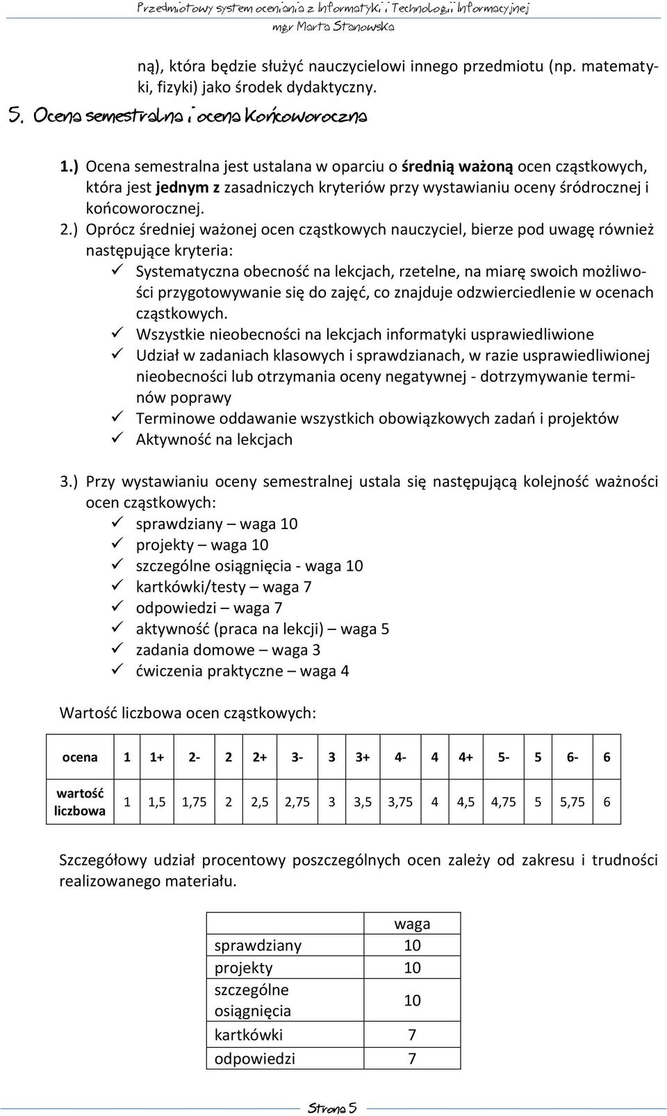 ) Oprócz średniej ważonej ocen cząstkowych nauczyciel, bierze pod uwagę również następujące kryteria: Systematyczna obecność na lekcjach, rzetelne, na miarę swoich możliwości przygotowywanie się do