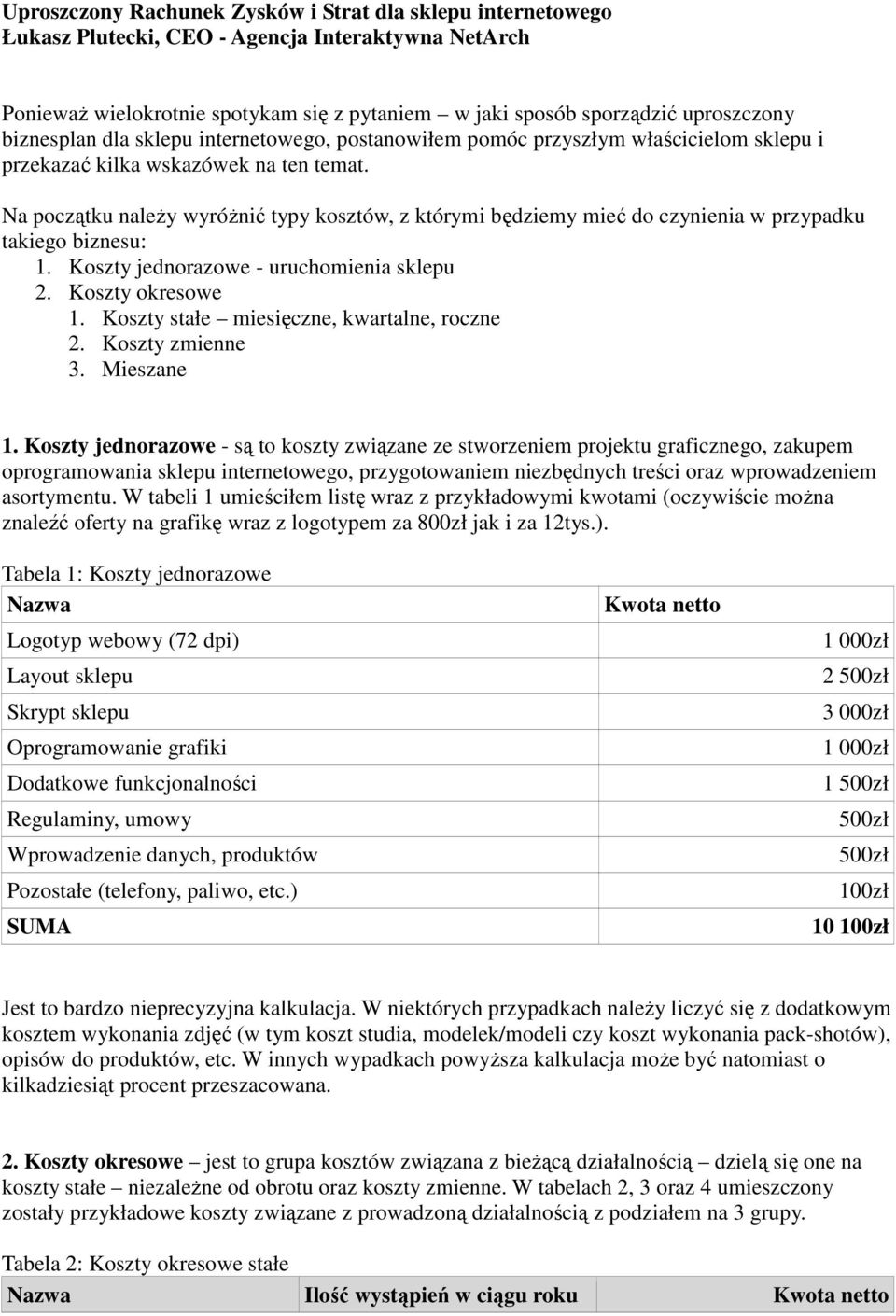 Na początku naleŝy wyróŝnić typy kosztów, z którymi będziemy mieć do czynienia w przypadku takiego biznesu: 1. Koszty jednorazowe - uruchomienia sklepu 2. Koszty okresowe 1.