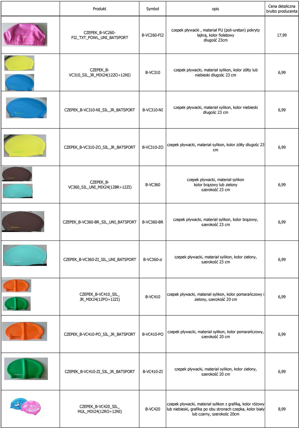 CZEPEK_B-VC310-ZO_SIL_JR_BATSPORT B-VC310-ZO czepek pływacki, materiał sylikon, kolor żółty długośc 23 cm CZEPEK_B- VC360_SIL_UNI_MIX24(12BR+12ZI) B-VC360 czepek pływacki, materiał sylikon kolor