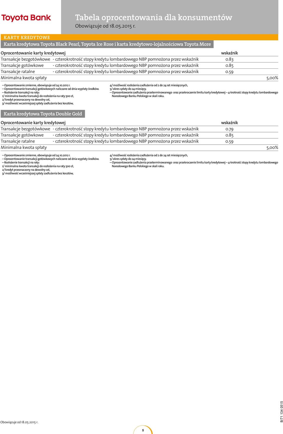 85 Transakcje ratalne - czterokrotność stopy kredytu lombardowego NBP pomnożona przez wskaźnik 0.59 Minimalna kwota spłaty 5,00% zmienne, obowiązuje od 24.10.2012 r.