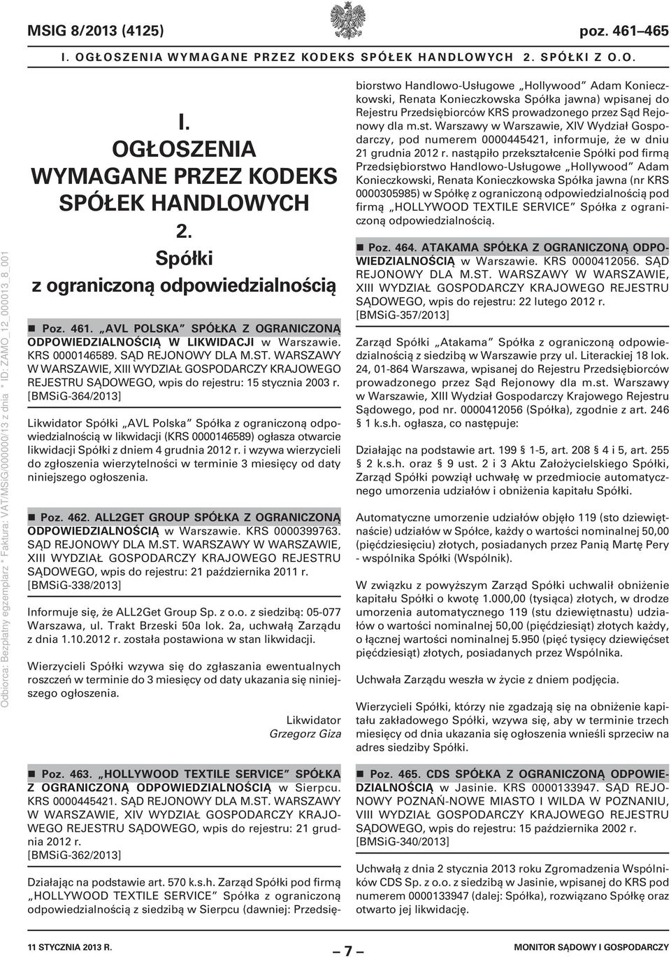 WARSZAWY W WARSZAWIE, XIII WYDZIAŁ GOSPODARCZY KRAJOWEGO REJESTRU SĄDOWEGO, wpis do rejestru: 15 stycznia 2003 r.
