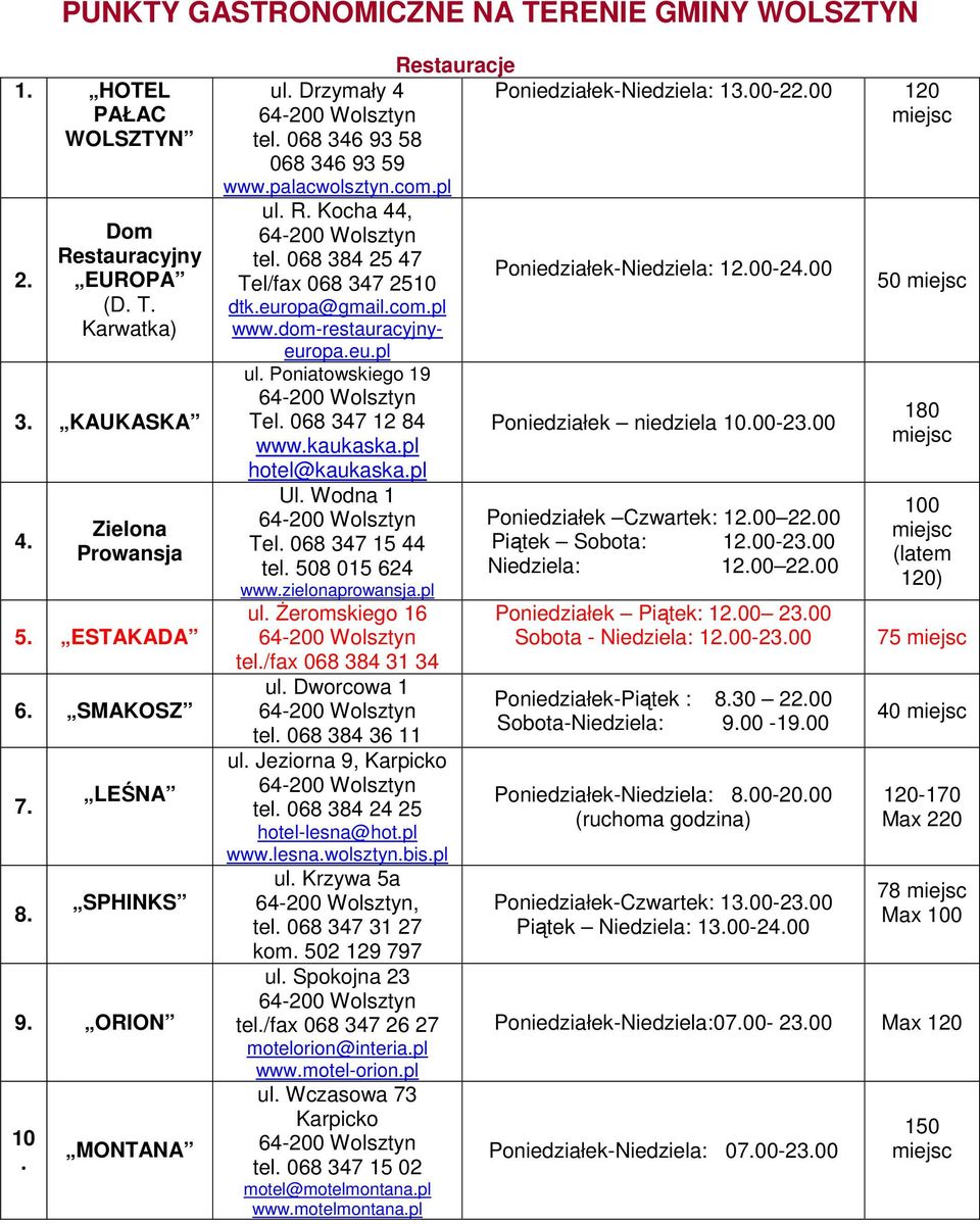 dom-restauracyjnyeuropa.eu.pl ul. Poniatowskiego 19 Tel. 068 347 12 84 www.kaukaska.pl hotel@kaukaska.pl Ul. Wodna 1 Tel. 068 347 15 44 tel. 508 015 624 www.zielonaprowansja.pl ul. Żeromskiego 16 tel.