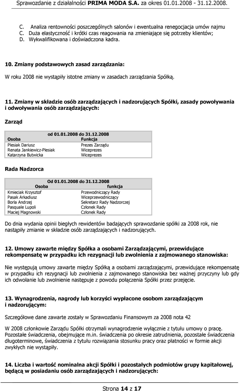 Zmiany w składzie osób zarządzających i nadzorujących Spółki, zasady powoływania i odwoływania osób zarządzających: Zarząd od 01.01.2008 do 31.12.