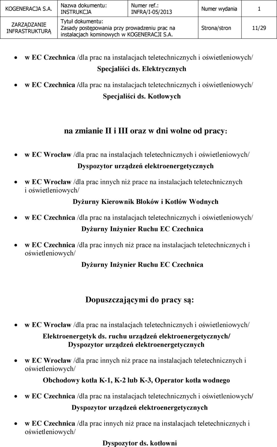 Kotłowych na zmianie II i III oraz w dni wolne od pracy: w EC Wrocław /dla prac na instalacjach teletechnicznych i oświetleniowych/ Dyspozytor urządzeń elektroenergetycznych w EC Wrocław /dla prac