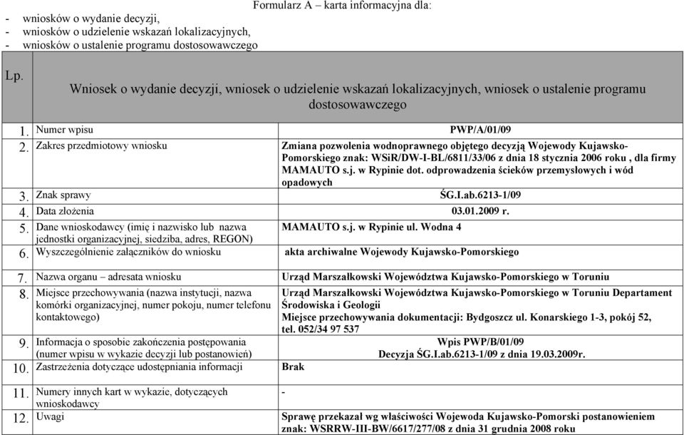 odprowadzenia ścieków przemysłowych i wód opadowych Znak sprawy ŚG.I.ab.62131/09 Data złożenia 001.2009 r. 5. Dane (imię i nazwisko lub nazwa MAMAUTO s.j. w Rypinie ul. Wodna 4 6.