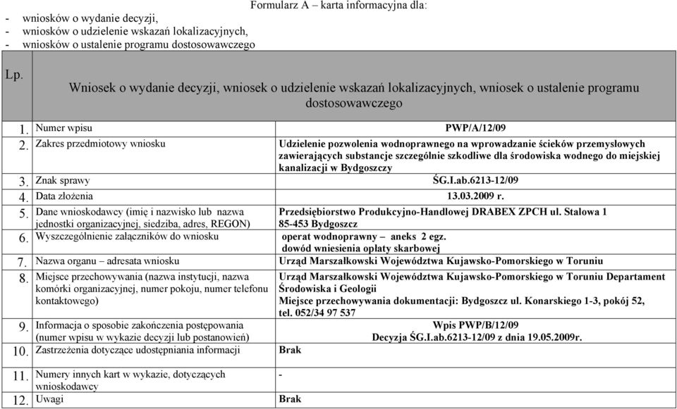 wodnego do miejskiej kanalizacji w Bydgoszczy Znak sprawy ŚG.I.ab.621312/09 Data złożenia 102009 r. 5. Dane (imię i nazwisko lub nazwa 6.