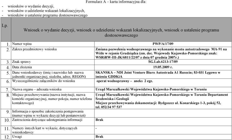 Wojewody KujawskoPomorskiego znak: WSRiRWIIIJK/6811/22/07 z dnia 07 grudnia 2007r.) Znak sprawy ŚG.I.ab.621317/09 Data złożenia 105.2009 r. 5.