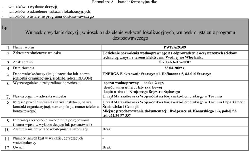 we Włocławku Znak sprawy ŚG.I.ab.621320/09 Data złożenia 202009 r. 5. Dane (imię i nazwisko lub nazwa ENERGA Elektrownie Straszyn ul.