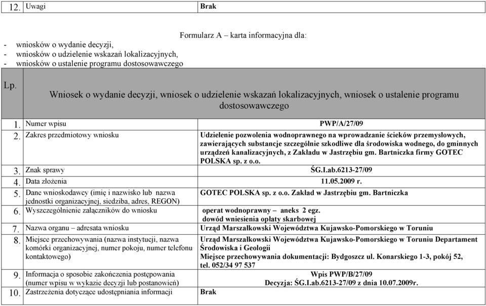 urządzeń kanalizacyjnych, z Zakładu w Jastrzębiu gm. Bartniczka firmy GOTEC POLSKA sp. z o.o. Znak sprawy ŚG.I.ab.621327/09 Data złożenia 05.2009 r. 5. Dane (imię i nazwisko lub nazwa 6.