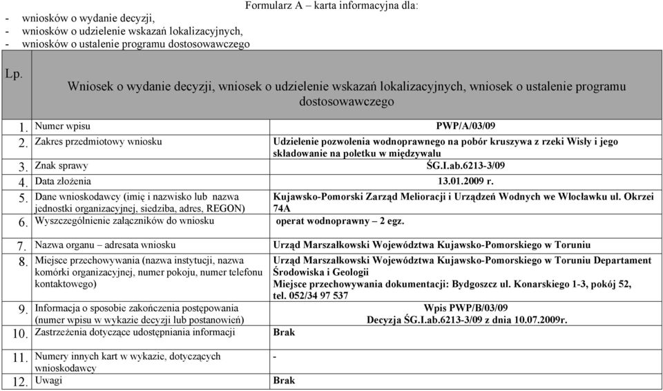 Znak sprawy ŚG.I.ab.62133/09 Data złożenia 101.2009 r. 5. Dane (imię i nazwisko lub nazwa 6.