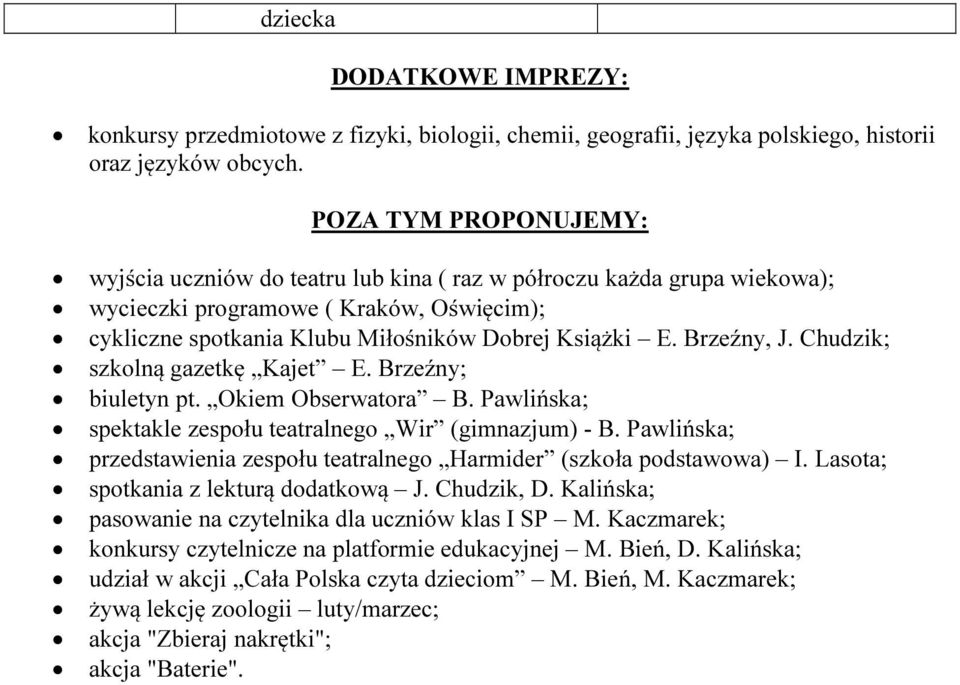 Brzeźny, J. Chudzik; szkolną gazetkę Kajet E. Brzeźny; biuletyn pt. Okiem Obserwatora B. Pawlińska; spektakle zespołu teatralnego Wir (gimnazjum) - B.