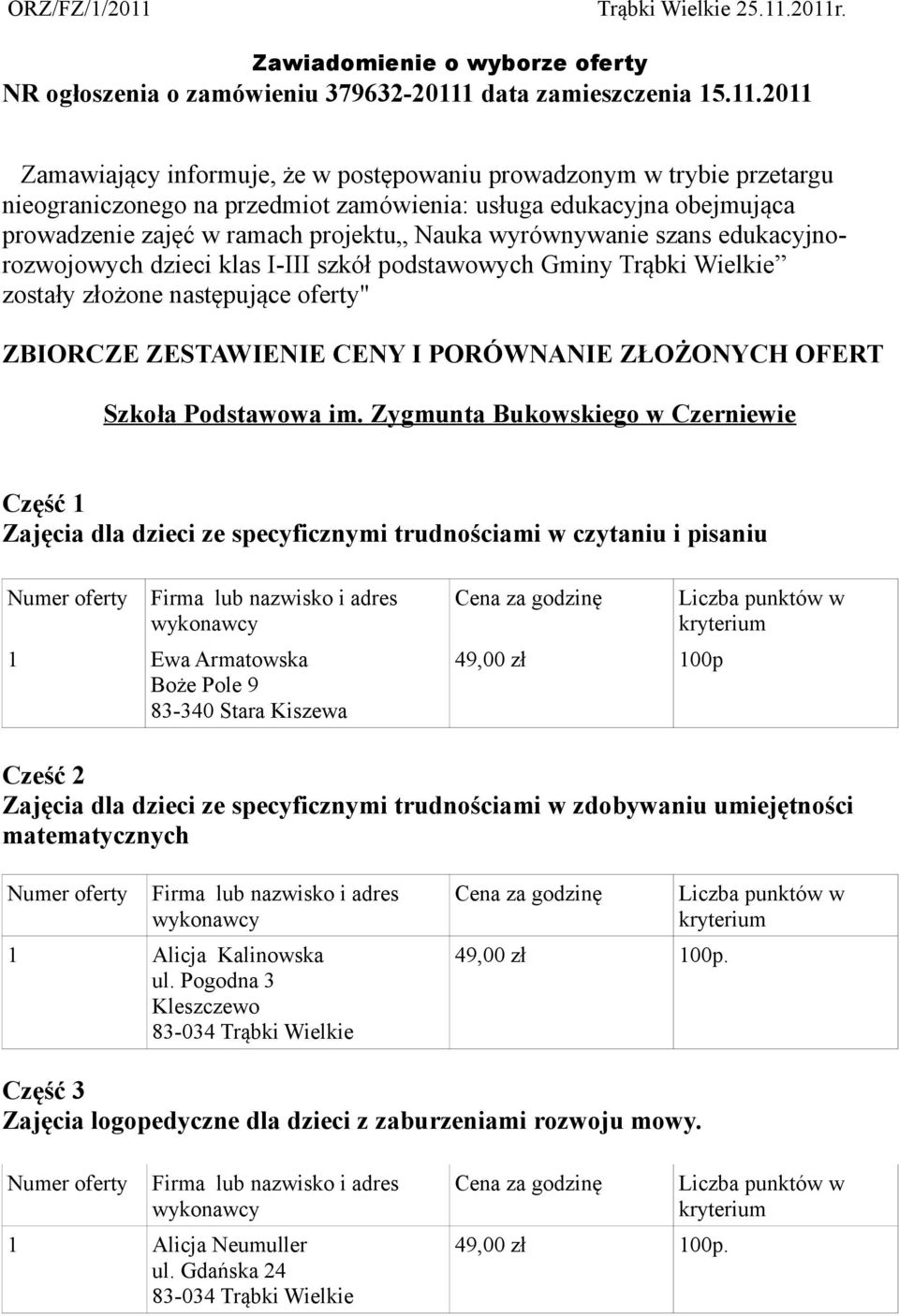 2011r. Zawiadomienie o wyborze oferty NR ogłoszenia o zamówieniu 379632-20111 data zamieszczenia 15.11.2011 Zamawiający informuje, że w postępowaniu prowadzonym w trybie przetargu nieograniczonego na