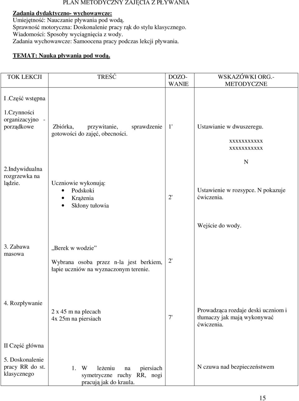 Część wstępna 1.Czynności organizacyjno - porządkowe Zbiórka, przywitanie, sprawdzenie gotowości do zajęć, obecności. 1' Ustawianie w dwuszeregu. xxxxxxxxxxx xxxxxxxxxxx 2.