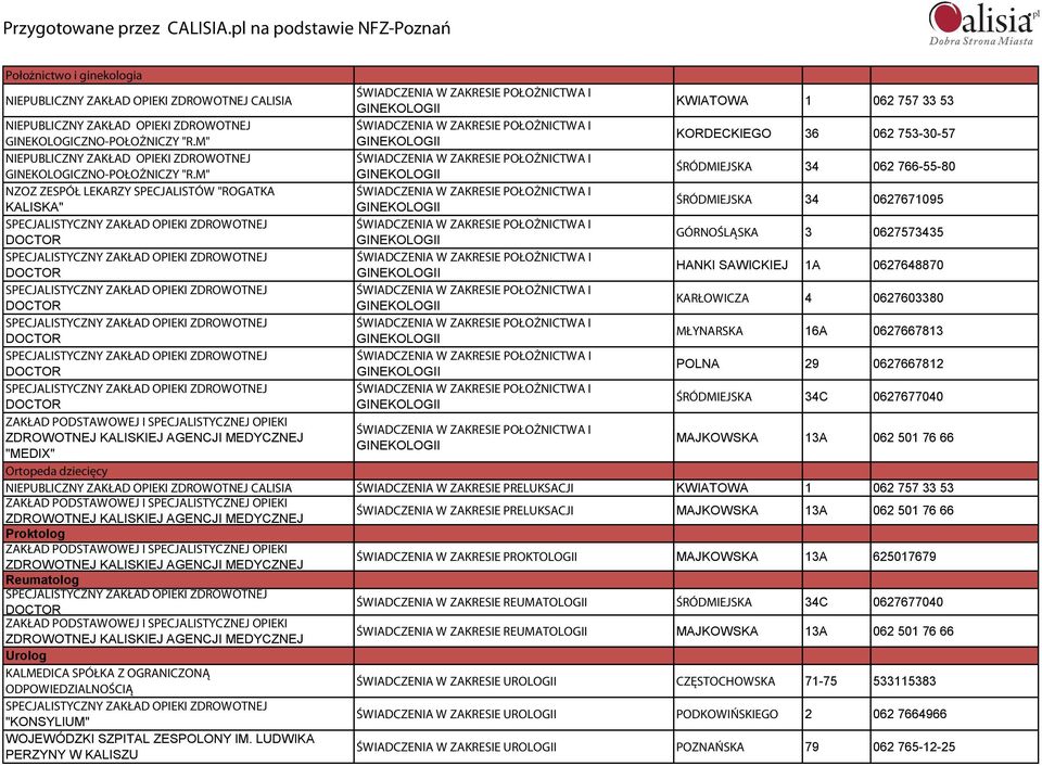 KARŁOWICZA 4 0627603380 MŁYNARSKA 16A 0627667813 POLNA 29 0627667812 ŚRÓDMIEJSKA 34C 0627677040 Ortopeda dziecięcy CALISIA PRELUKSACJI PRELUKSACJI Proktolog