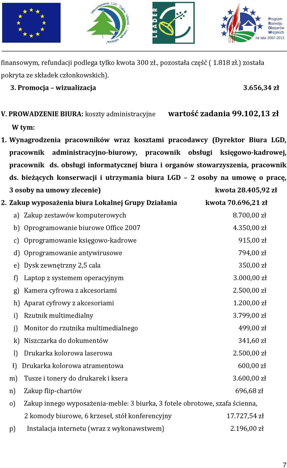 Wynagrodzenia pracowników wraz kosztami pracodawcy (Dyrektor Biura LGD, pracownik administracyjno-biurowy, pracownik obsługi księgowo-kadrowej, pracownik ds.