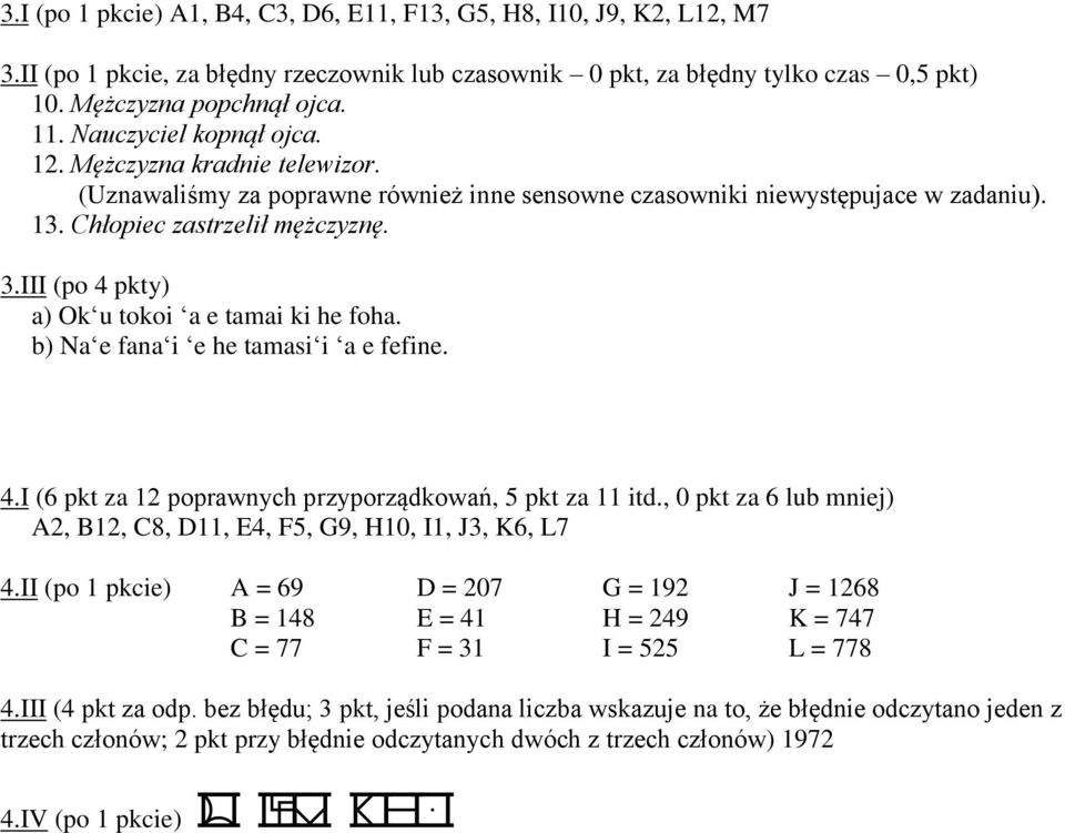 III (po 4 pkty) a) Ok u tokoi a e tamai ki he foha. b) Na e fana i e he tamasi i a e fefine. 4.I (6 pkt za 12 poprawnych przyporządkowań, 5 pkt za 11 itd.