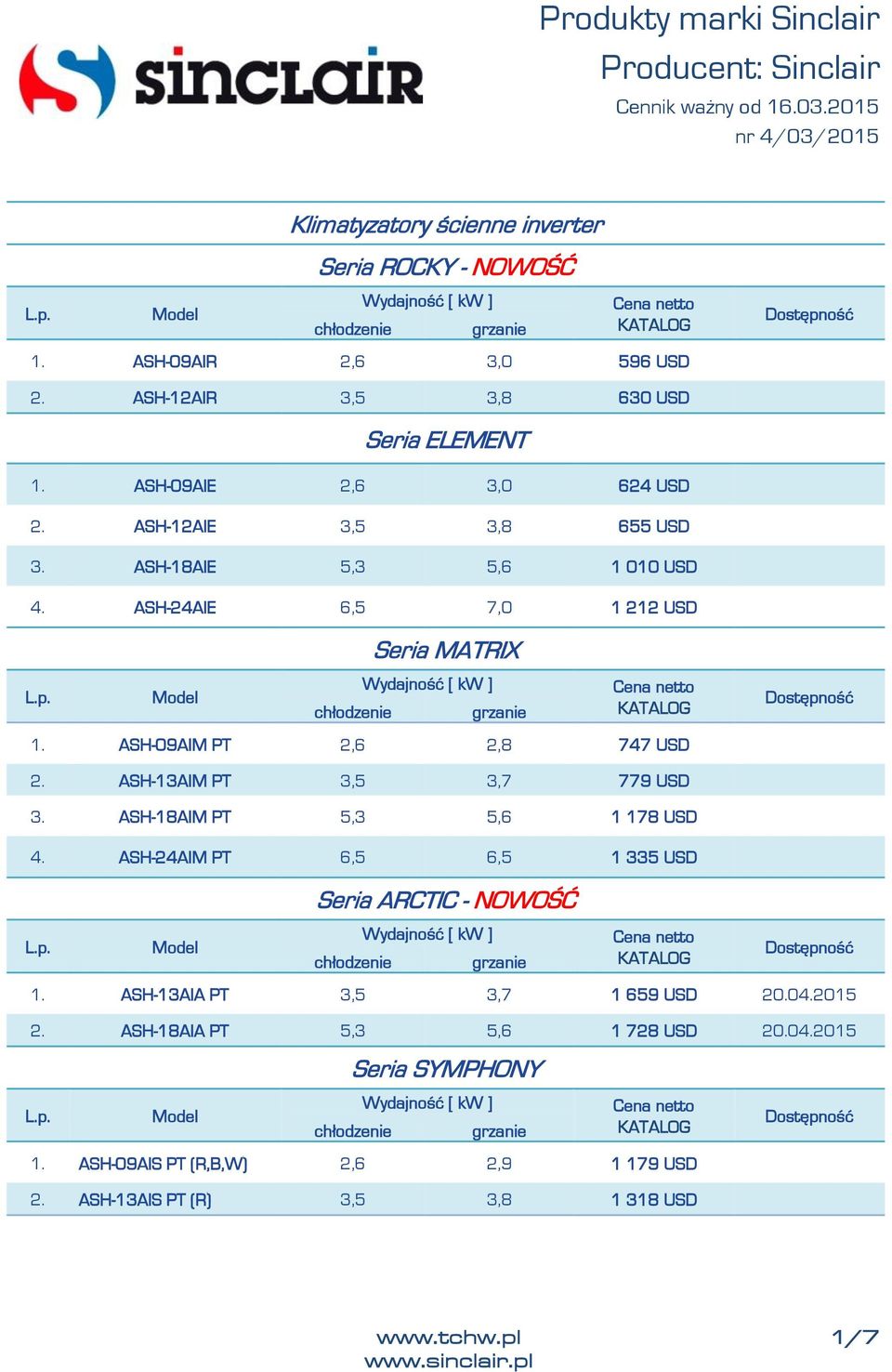 ASH-24AIE 6,5 7,0 1 212 USD Seria MATRIX 1. ASH-09AIM PT 2,6 2,8 747 USD 2. ASH-13AIM PT 3,5 3,7 779 USD 3. ASH-18AIM PT 5,3 5,6 1 178 USD 4.