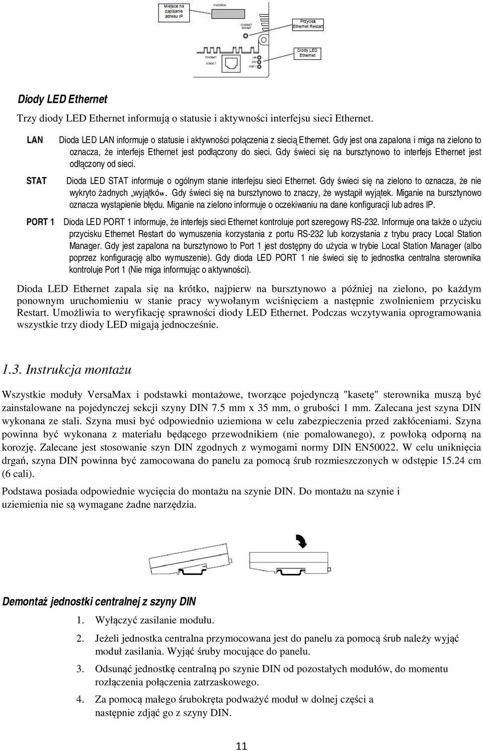 Dioda LED STAT informuje o ogólnym stanie interfejsu sieci Ethernet. Gdy świeci się na zielono to oznacza, że nie wykryto żadnych wyjątków.